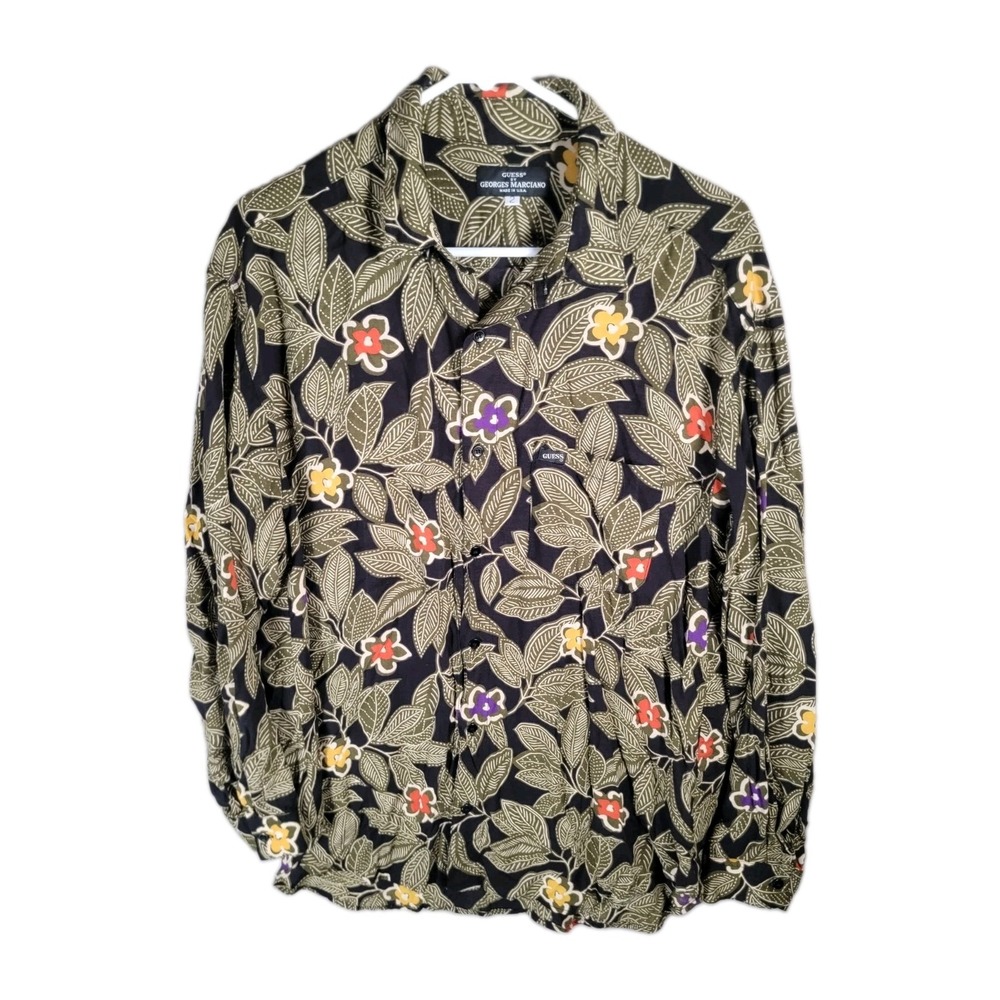 Vintage Guess by Georges Marciano Rayon Shirt Mens L 2 USA Floral Foliage Batik